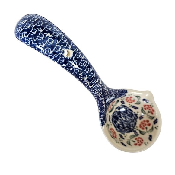 Polish Pottery Hand-Painted Floral Ceramic Ladle Blue Red 12" Long Vtg Soup - Picture 2 of 10